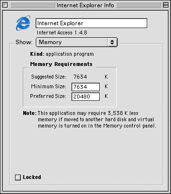 Mac OS 9 settings panel for setting the preferred amount of memory for an executable